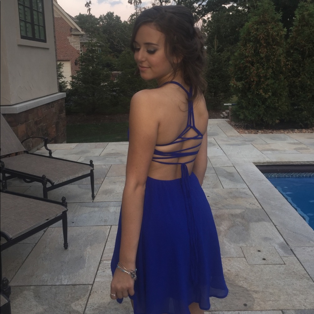 Cross back blue dress